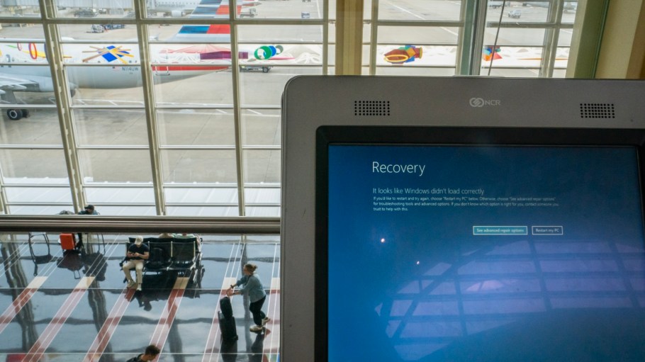 An impacted check-in terminal is seen at Ronald Reagan Washington National Airport on July 19, 2024 in Washington, DC. A global computer outage started from an update from the cybersecurity company CrowdStrike that impacted flights worldwide along with disrupting broadcasters and banking services.