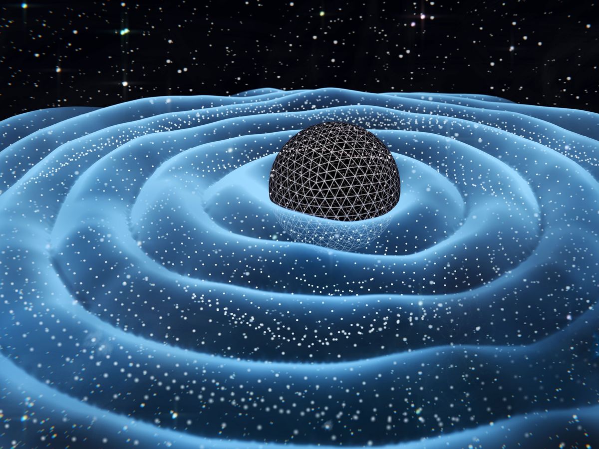 a black sphere surrounded by light blue waves with white dots against a black background