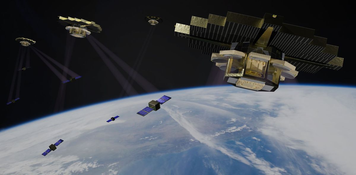 a group of satellites floating above a blue and white curve