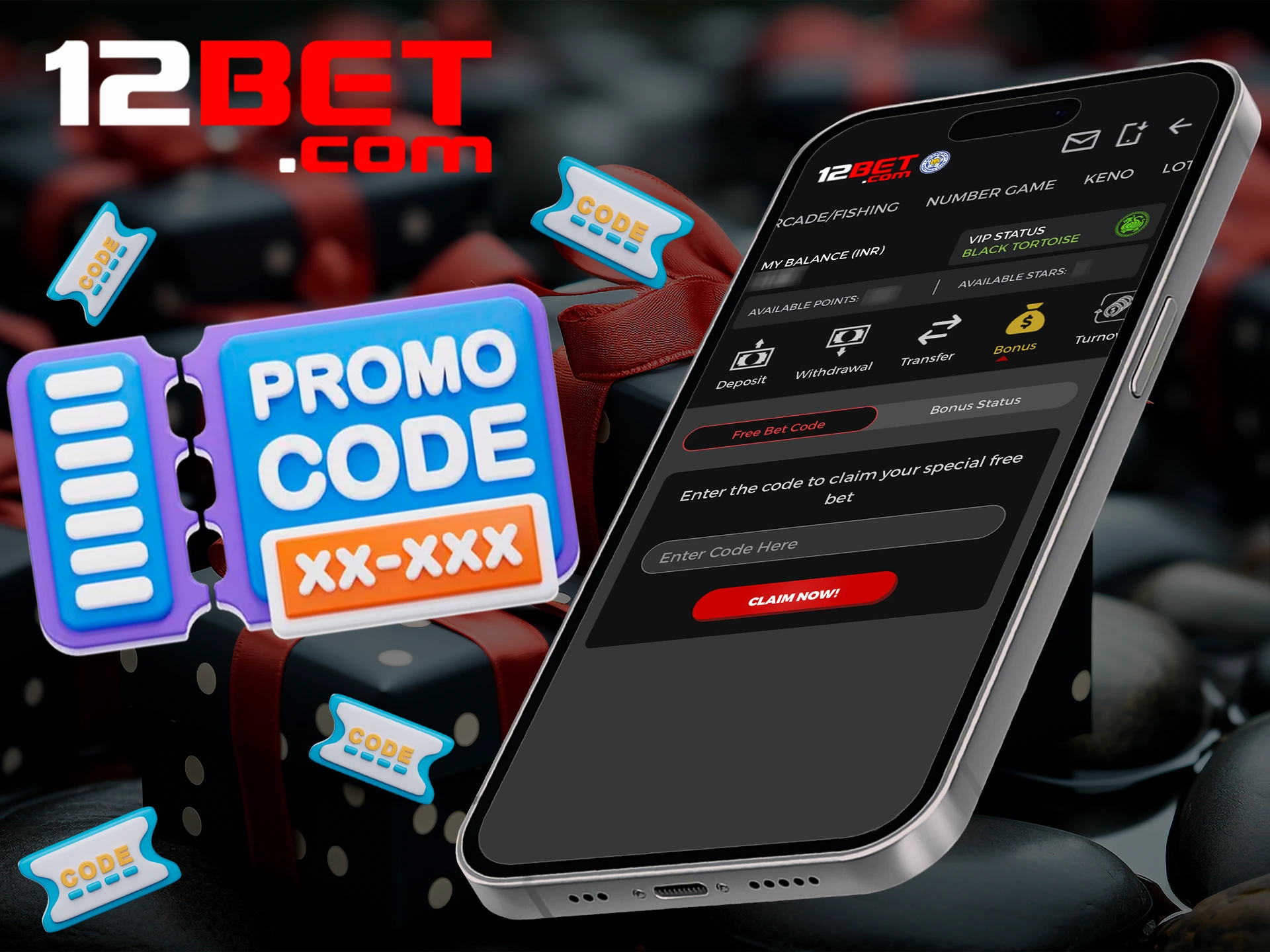 Enter the promo code in the app and get bonuses from 12bet.