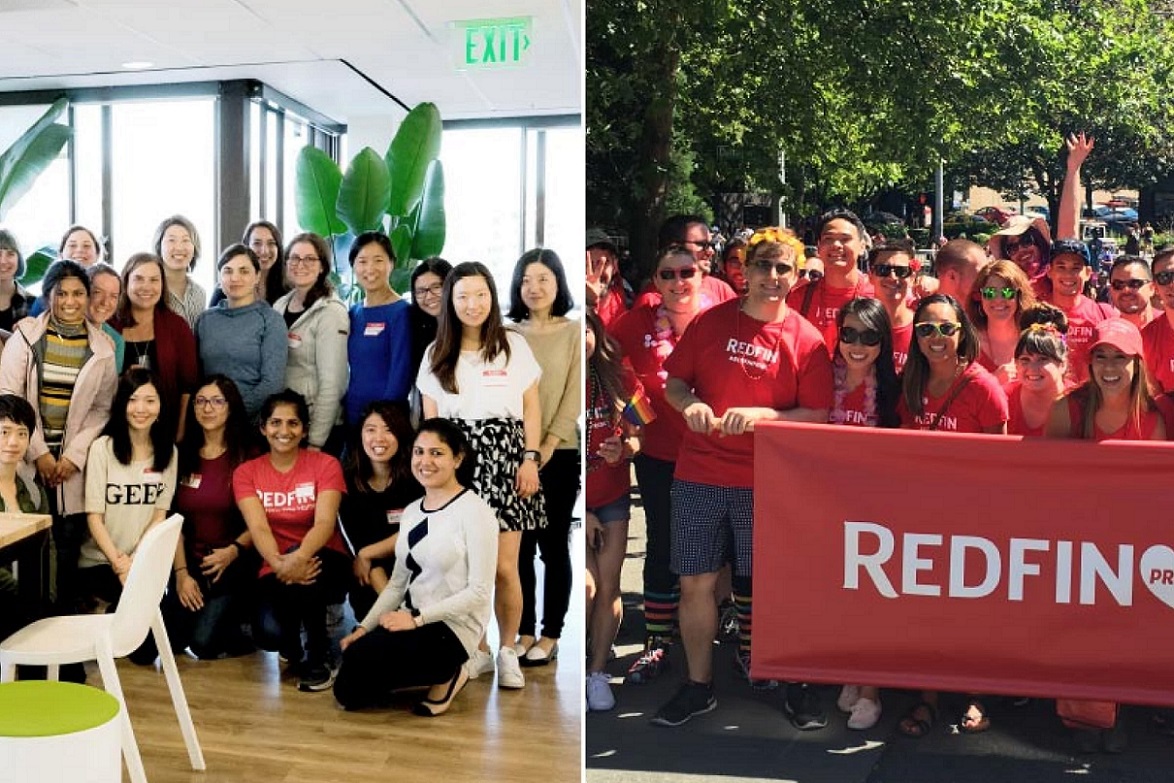 Photos of employees in office and at Pride event