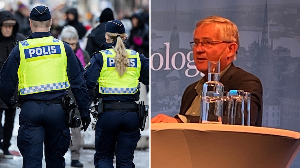 police walking down a street on the left, on the right, a photo of Peter Neyroud speaking at a podium.