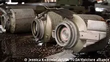 June 7, 2022; Kyiv, Ukraine; Unexploded cluster munitions sit in an undisclosed warehouse house outside Kyiv, Ukraine invasion on Ukraine, July 7, 2022. Mandatory Credit: picture-alliance/Jessica Koscielniak-USA TODAY