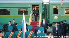 In this photo provided by the North Korean government, North Korean leader Kim Jong Un, center, leaves the Vostochny cosmodrome outside the city of Tsiolkovsky, about 200 kilometers (125 miles) from the city of Blagoveshchensk in the far eastern Amur region, Russia, Wednesday, Sept. 13, 2023. Independent journalists were not given access to cover the event depicted in this image distributed by the North Korean government. The content of this image is as provided and cannot be independently verified. Korean language watermark on image as provided by source reads: KCNA which is the abbreviation for Korean Central News Agency. (Korean Central News Agency/Korea News Service via AP)
