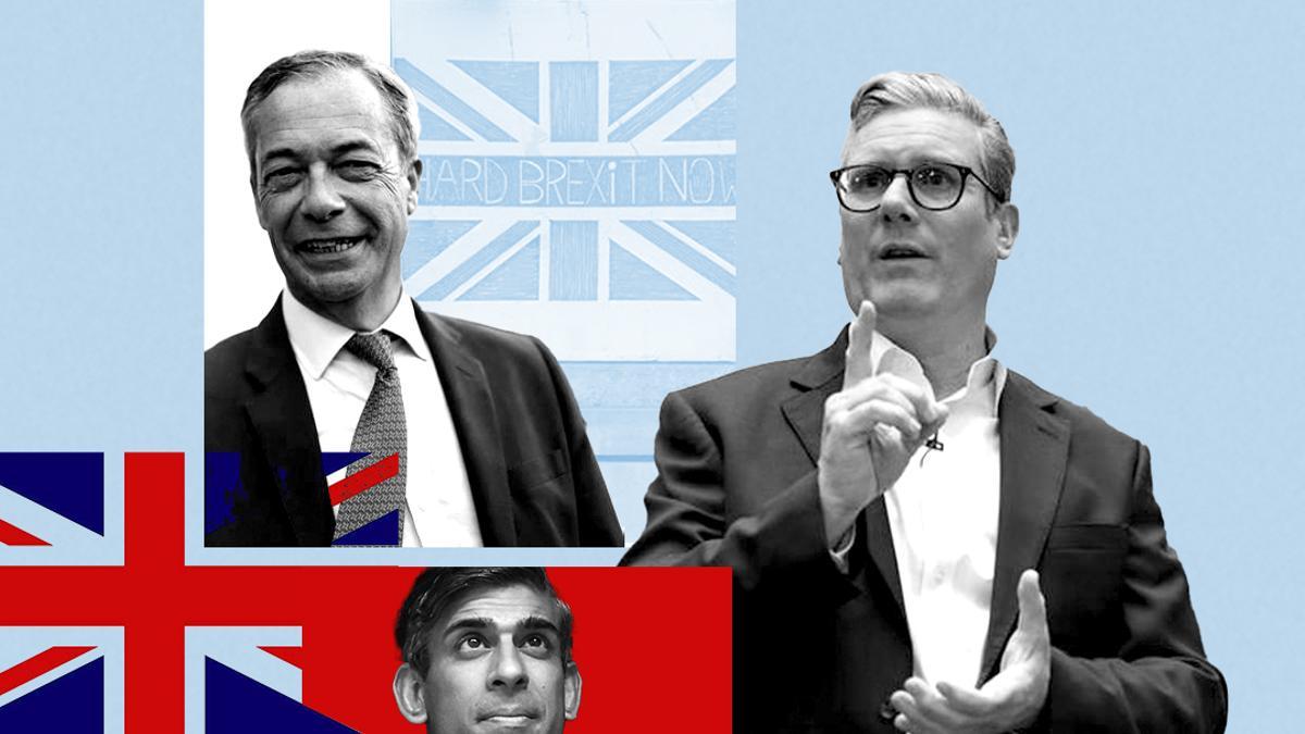 Ilustración con Nigel Farage, Rishi Sunak y Keir Starmer