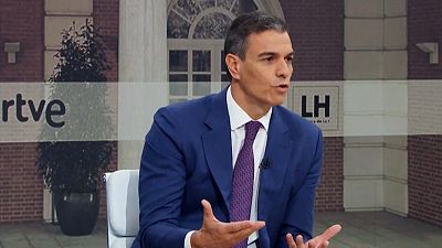 Spain's Prime Minister Pedro Sánchez speaking to interviewers on June 12, 2024 following his party's performance at the European parliamentary election over the weekend. 