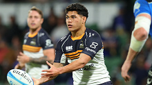 Noah Lolesio passes the ball during the round 15 Super Rugby Pacific match between Western Force and Brumbies.