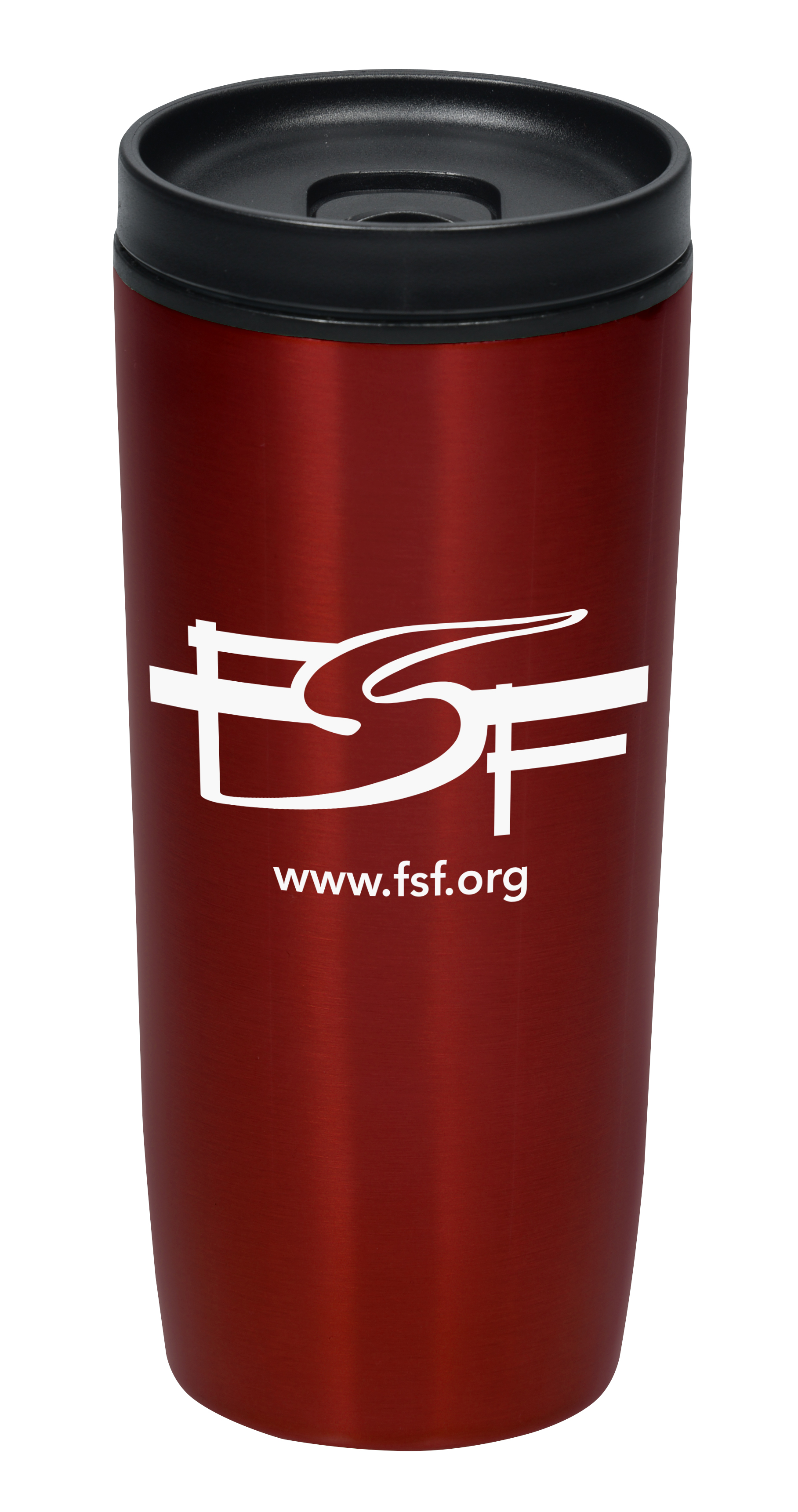 Mock-up of a red travel mug with a white FSF logo on it