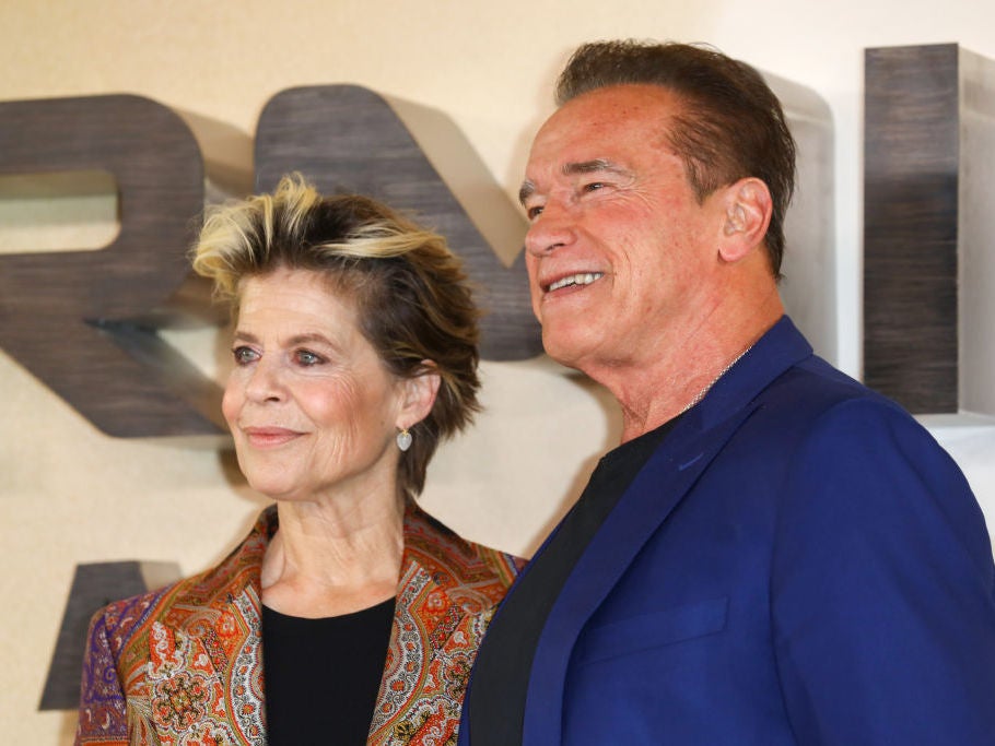 ‘She always wants to kill me’: Linda Hamilton and Arnold Schwarzenegger at a Terminator: Dark Fate photo call last week