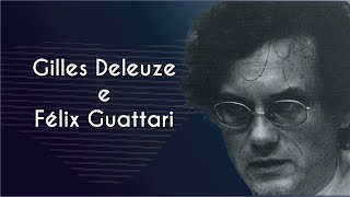 Fotografia de Félix Guattari ao lado do escrito"Gilles Deleuze e Félix Guattari" em fundo azul escuro.