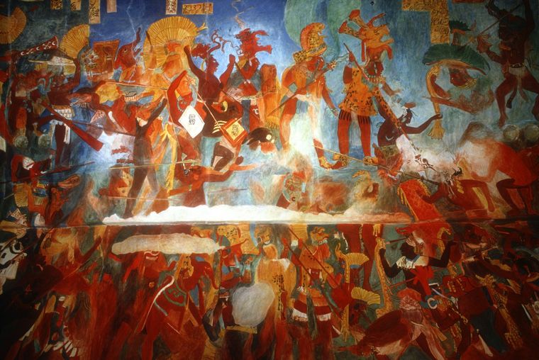 Reproducción de uno de los complejos y coloridos murales que cubren las paredes del Templo de ...
