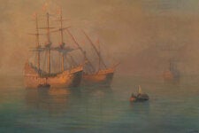 A 19th-century depiction of the arrival of Christopher Columbus’s fleet in the Americas by the Russian painter Ivan Aivazovsky. Researchers calculated that if one person had the flu while sailing on the Santa Maria in 1492, there would have been a less than 0.1 percent chance of transmitting it to the New World.