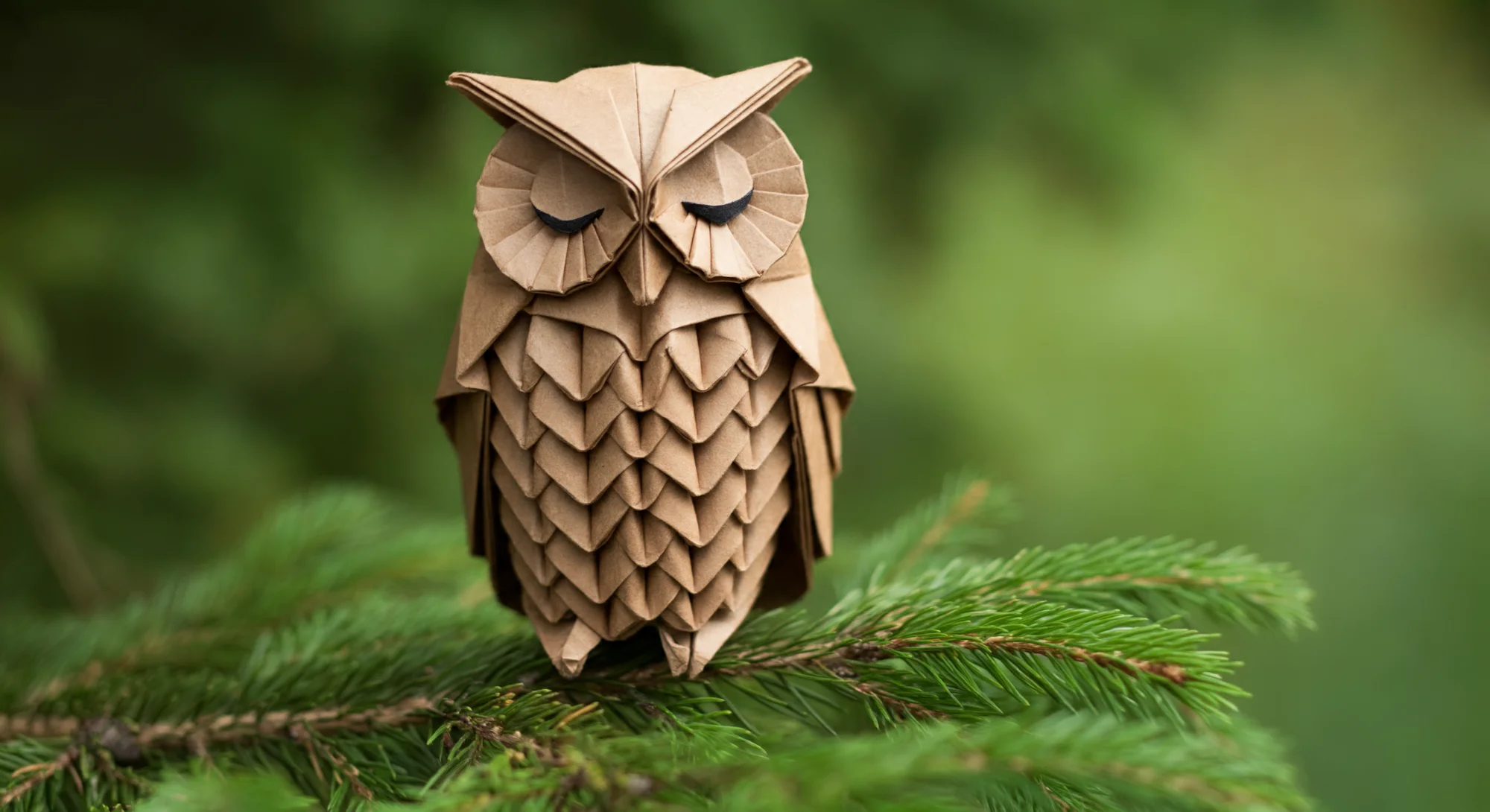 A detailed origami owl, made of brown paper, perches on a pine branch with closed eyes. Its feathers are intricately folded, and it has a serene expression. The background is a blur of green foliage.