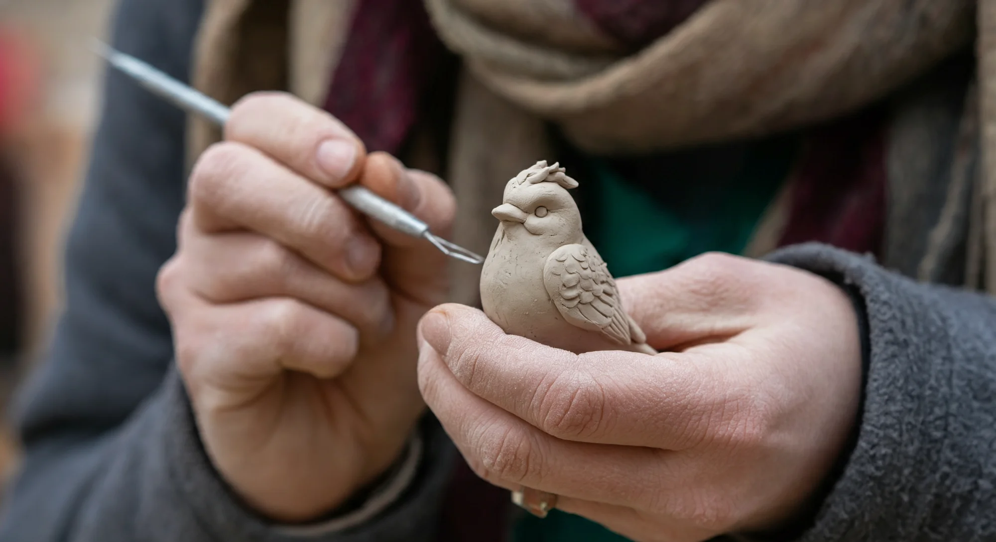 A person’s hand as they hold a small clay figurine of a bird in one hand and sculpt it with a modeling tool in the other. Their hands are covered in clay dust. The sculptor is wearing a gray fleece jacket and a brown and burgundy scarf.
