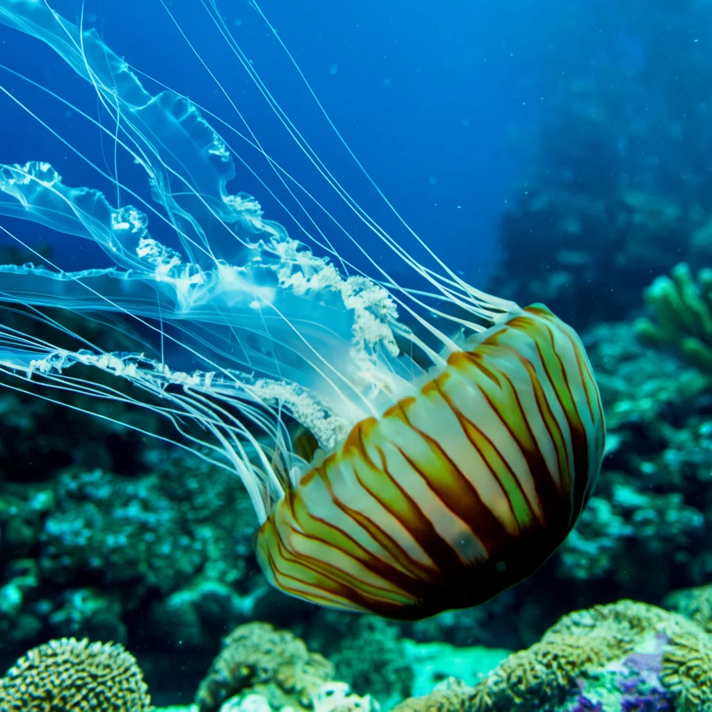 A large jellyfish with long, flowing tentacles drifts through the ocean. The jellyfish has a round, translucent bell with brown stripes and a cluster of frilly oral arms underneath. It is surrounded by blue water and a coral reef is visible in the background.