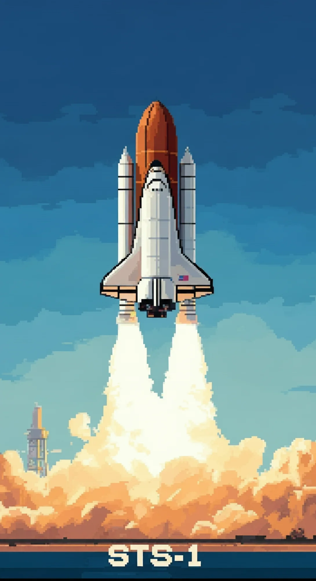 A pixel art illustration of the Space Shuttle STS-1 launching into a blue sky, leaving a trail of smoke and flames. The text "STS-1" is at the bottom of the image.