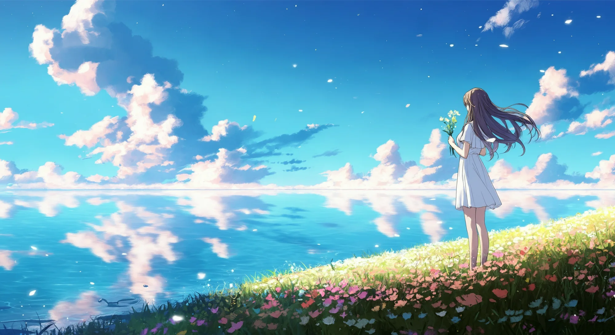 An image in the style of anime showing a girl in a white dress standing on the bank of an expansive lake, holding flowers and looking at the sky full of pink clouds. The sky is reflected by the water surface. Around her there are small hills covered in wildflowers.