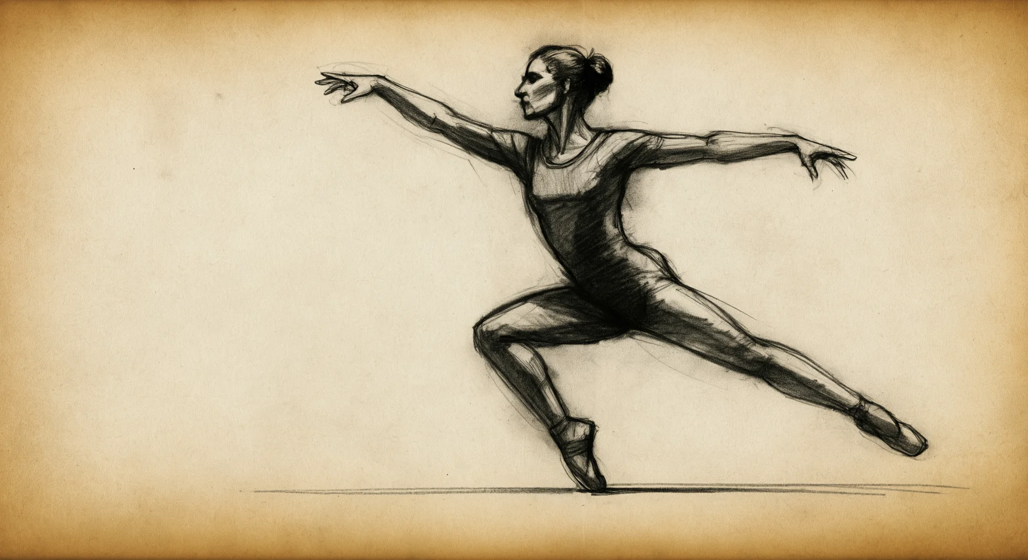 A charcoal sketch of a female dancer capturing her in the middle of a dynamic movement. The sketch is rendered on aged parchment paper.