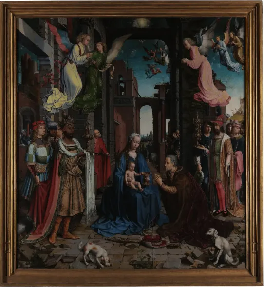 Three wise men present gifts to the baby Jesus, who is held by the Virgin Mary, while angels and onlookers surround them in a detailed, ruined architectural setting.