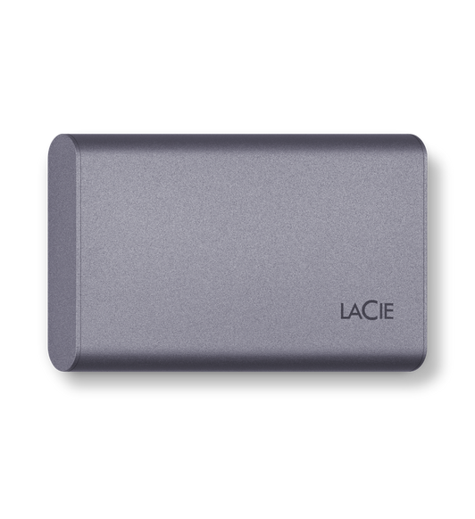 El disco duro USB-C Mobile SSD Secure de 500 gigabytes de LaCie ofrece transferencias de alta velocidad y cifrado por hardware activado.