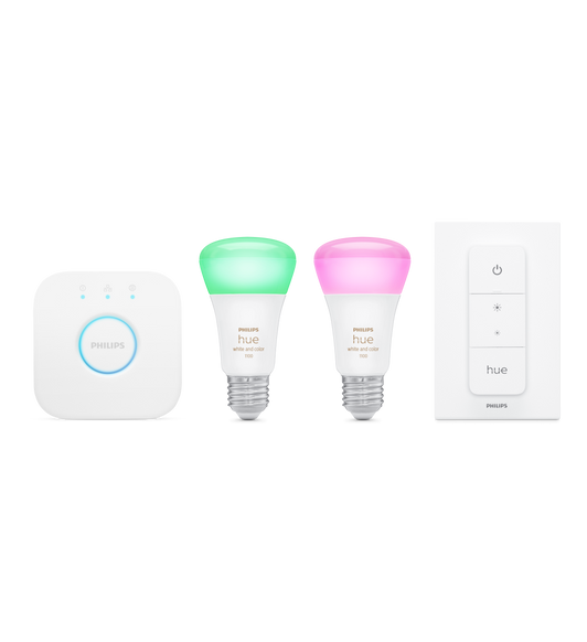 Créez une ambiance lumineuse dans n’importe quelle pièce grâce au kit de démarrage Philips Hue (E27) et ses 16 millions de couleurs.