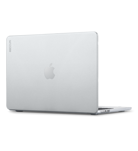 Pohled šikmo zezadu na lehký a přesně padnoucí kryt Incase Hardshell na MacBook Air, který počítač chrání a přitom nijak nebrání v přístupu k portům, kontrolkám a tlačítkům.