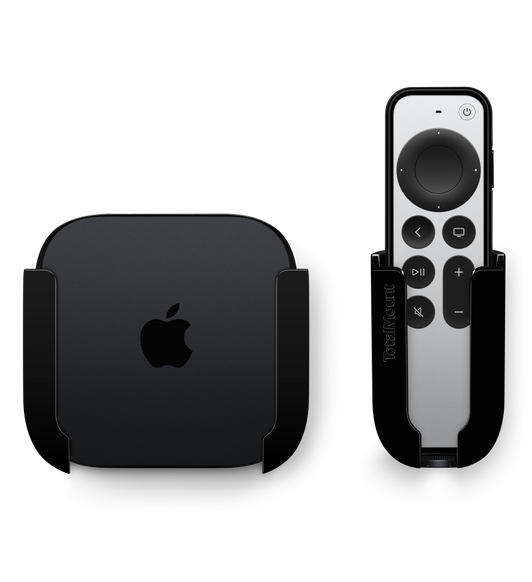 Il sistema di installazione Innovelis TotalMount Pro per televisori a parete, con Apple TV e Apple Remote inseriti.