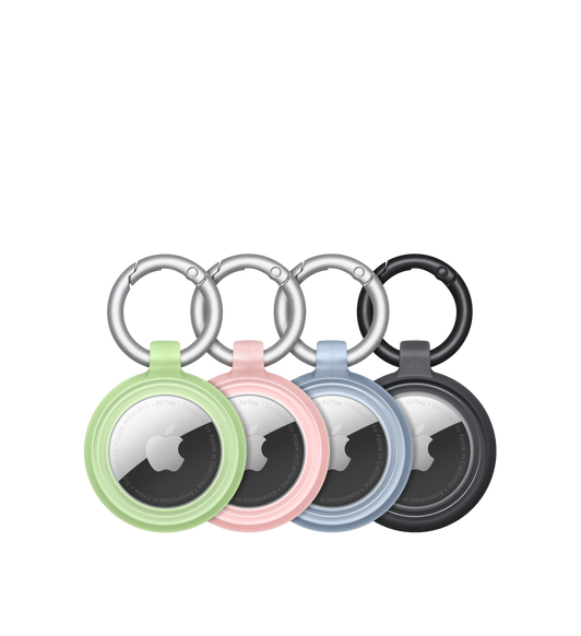 Vier OtterBox Lumen Series-hoesjes met AirTag, waarbij het Apple logo duidelijk opvalt
