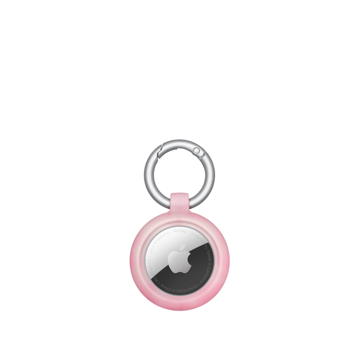 Coque Figura Series d’Otterbox, AirTag en place, logo Apple, suspendue à un mousqueton rond.