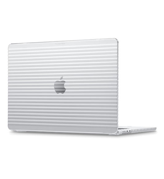 Parte superior e inferior da Capa Evo Wave da Tech21 para MacBook Air de 15 polegadas, aberta, com recortes para portas e design horizontal ondulado de um lado ao outro