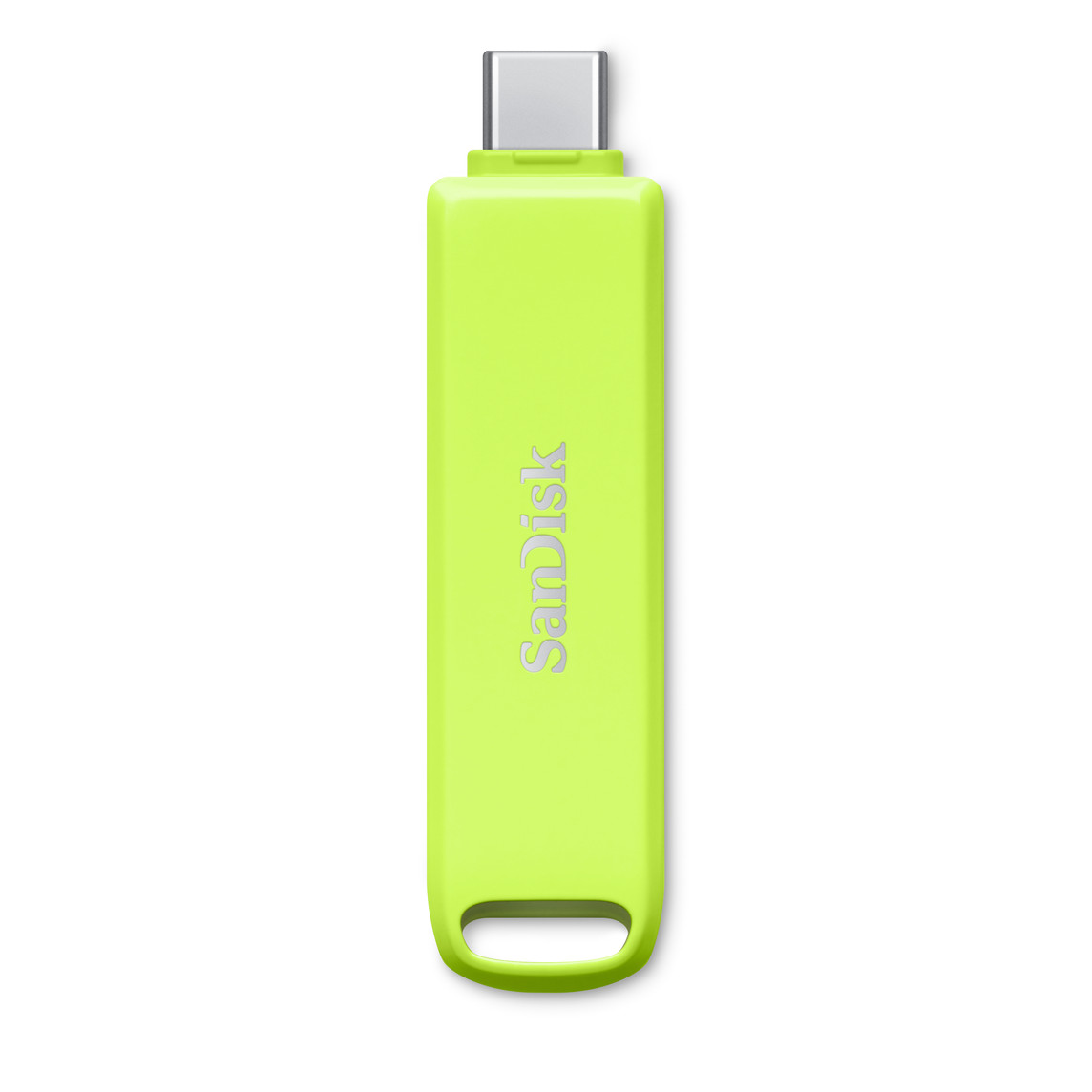 Groene SanDisk® iXpand® Flash Drive Luxe met USB‑C-connector boven, SanDisk-logo in het midden en sleutelring onder