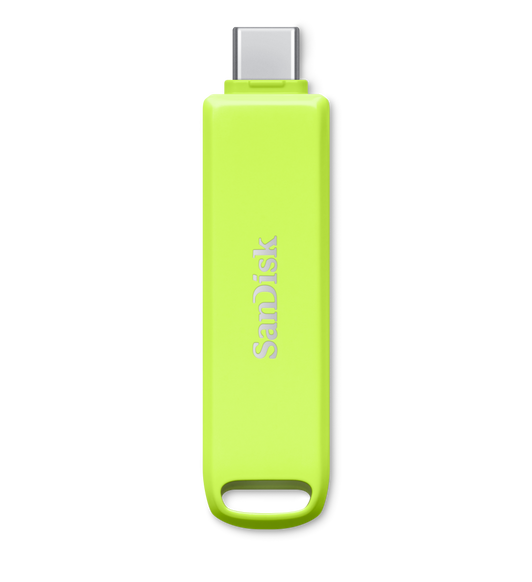 Groene SanDisk® iXpand® Flash Drive Luxe met USB‑C-connector boven, SanDisk-logo in het midden en sleutelring onder
