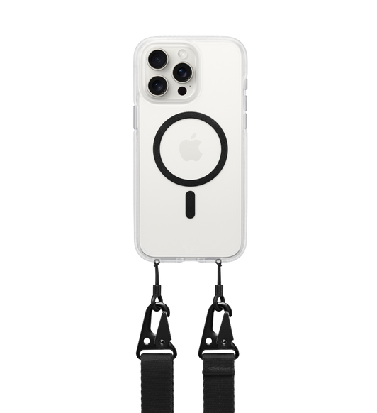 Tech21 Crossbody Flex Quartz ‑kotelo iPhonelle, taustapuoli, MagSafe-rengas, mukana kotelon alaosaan kiinnitetty hihna