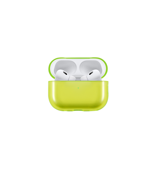 Åpent Tech21 Evo Clear-etui med AirPods Pro (2. gen.) som lader, LED-ladeindikatoren lyser.