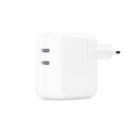 Zasilacz z dwoma portami USB-C o mocy 35 W pozwala ładować dwa urządzenia jednocześnie.