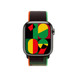 Vooraanzicht van Black Unity geweven sportbandje en Apple Watch met wijzerplaat ‘Unity Mosaic’.