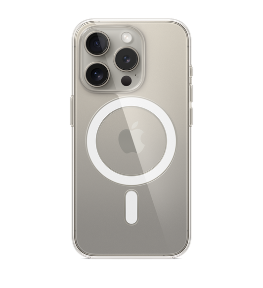 Funda transparente con MagSafe acoplada a un iPhone 15 Pro en titanio natural.