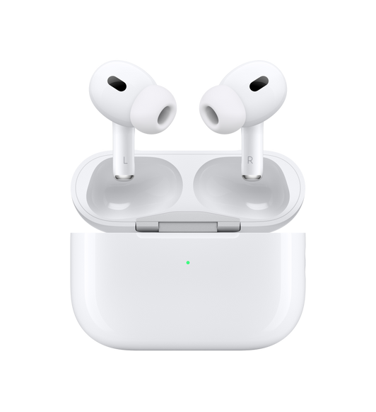 AirPods Pro és MagSafe töltőtok belső nézete, bal és jobb fülhallgató zajkioltó mikrofonnal és szilikonvéggel az egyes fülhallgatók tetején. Nyitott fedelű MagSafe tok ezüstszínű csuklópánttal.