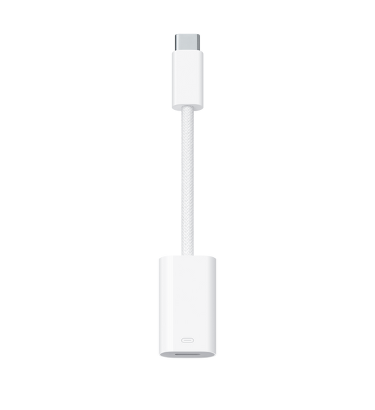 Adaptador USB-C para Lightning, conetor USB-C, cabo trançado, porta Lightning.