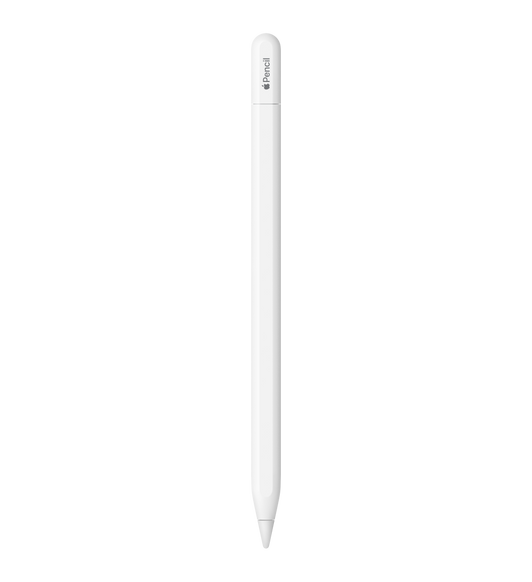 Apple Pencil (USB-C), hvit, gravering ved hetten hvor det står Apple Pencil, ordet Apple er representert med en Apple-logo