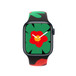 Apple Watch Series 9 with Black Unity Sport Band Unity Bloom, the watch face has a red flower with a yellow centre on top of a large green flower with petals that extend beyond the watch face, hour and minute hands in white.