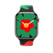 Apple Watch Series 9 met Black Unity sportbandje Unity Bloom. De wijzerplaat heeft een rode bloem met een geel hart die een grotere groene bloem bedekt met bloemblaadjes die tot buiten de wijzerplaat reiken. De uur- en minuutwijzers zijn wit.