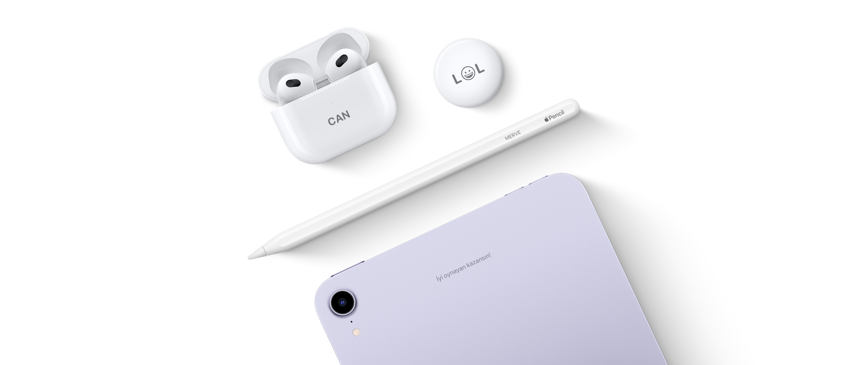 Özel lazer baskılı AirPods kutusu, AirTag, iPad ve Apple Pencil.