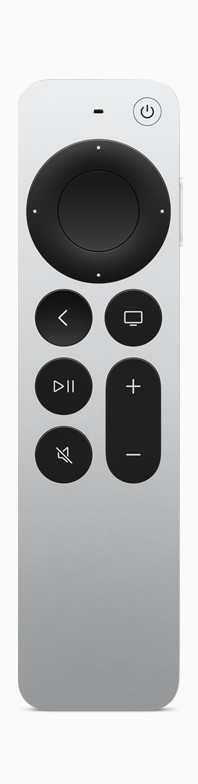 Apple TV Remote, ezüstszínű alumíniumházban. Látszik az érintésérzékeny kattintófelület és az előlap síkjából kiemelkedő, kerek gombok.