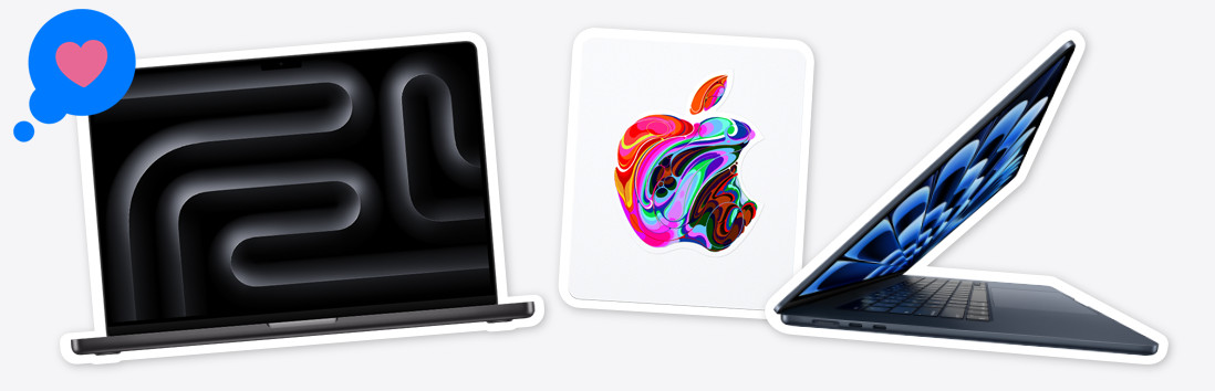 MacBook Pro Space Grey, set with a heart tapback, Apple Gift Card, an Apple logo containing abstract swirled multicolour design, open MacBook Air in Midnight