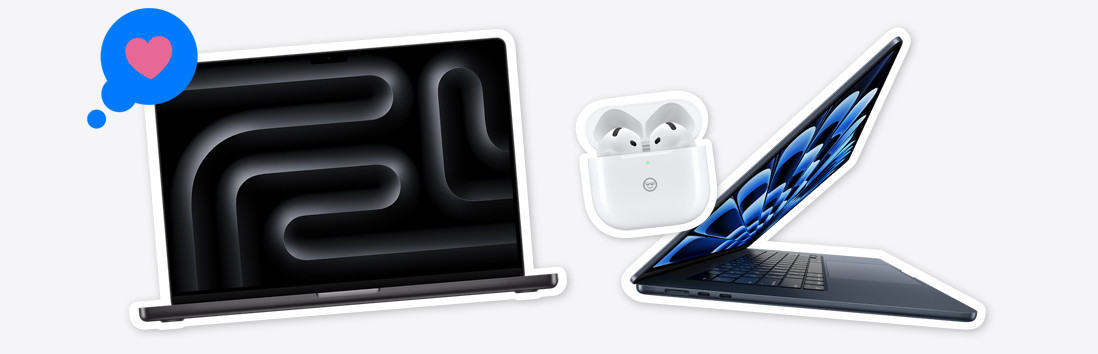 MacBook Pro gris sidéral, bulle de message contenant un cœur, AirPods Pro (2ᵉ génération) en blanc, tiges courtes, ouverture des écouteurs visible, boîtier de charge avec emoji smiley à lunettes gravé à l’avant, MacBook Air ouvert en finition minuit