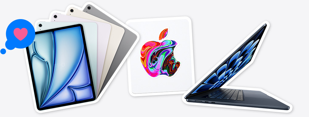 Vari iPad Air nei colori blu, viola, galassia e grigio siderale, con l’emoji di un cuore nel fumetto di una reazione, l’adesivo di una Apple Gift Card con il logo Apple formato dal motivo astratto di un vortice multicolore, un MacBook Air color mezzanotte aperto  