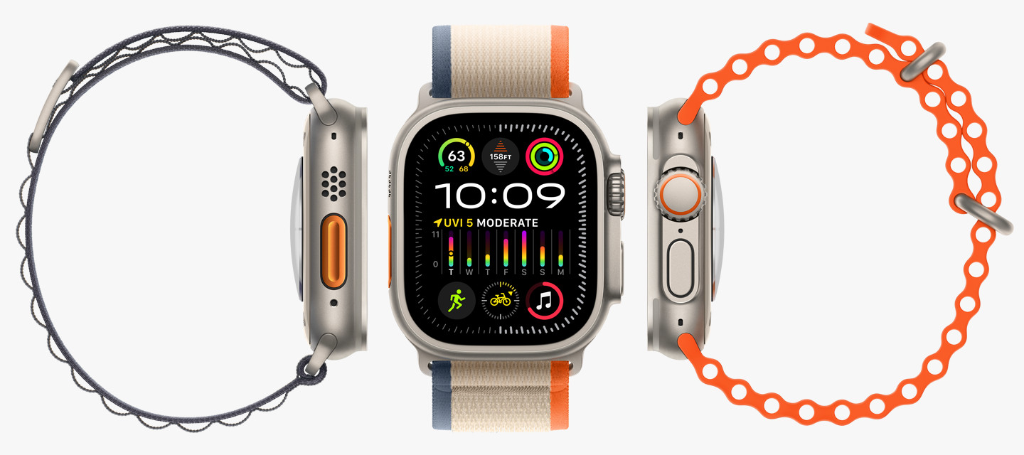 Három Apple Watch Ultra a különböző óraszíjakkal.