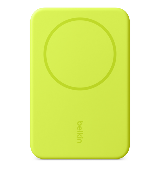 Belkin BoostCharge Pro Magnetic Power Bank, front, rectangular shape with rounded corners, circular charge pad at the top, Belkin logo at the bottom