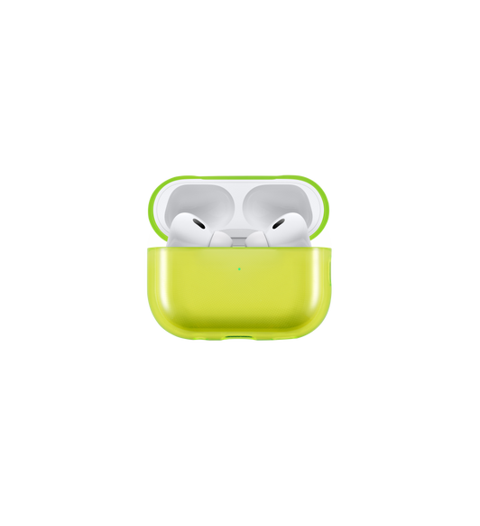 Tech21 Evo Clear case, open, with AirPods Pro (2nd Generation) charging inside, LED charge indicator illuminated